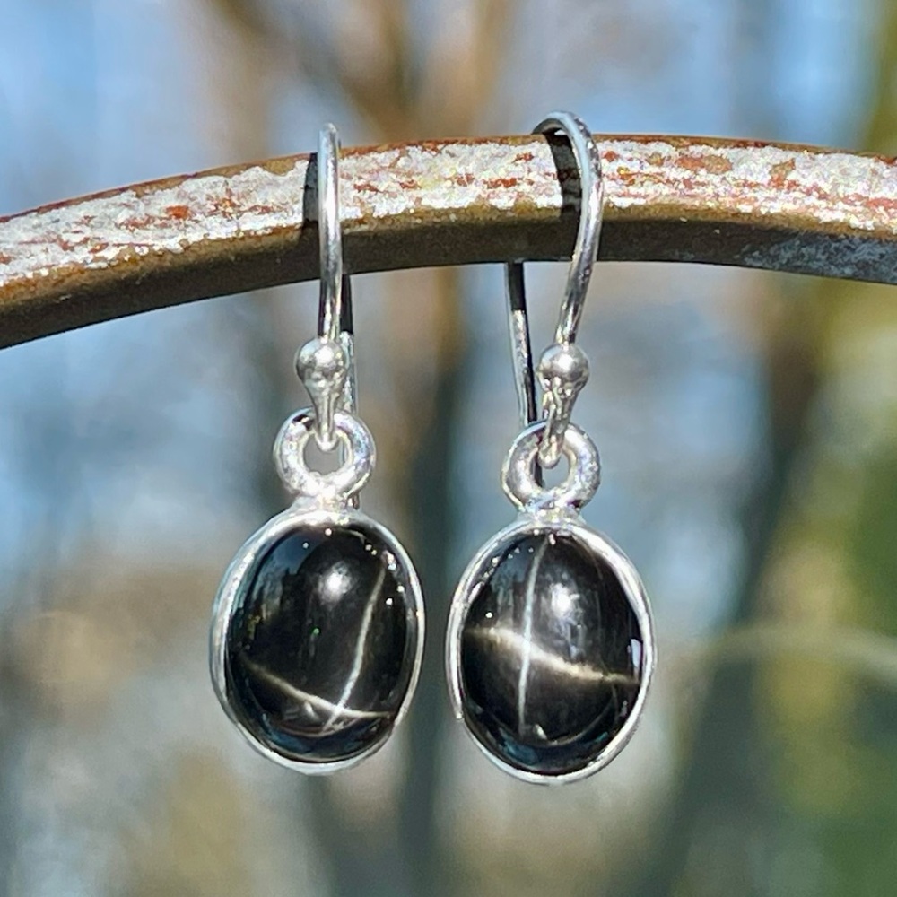 Natural Rare Star of Diopside, Black Star of India Sterling Silver Earrings
